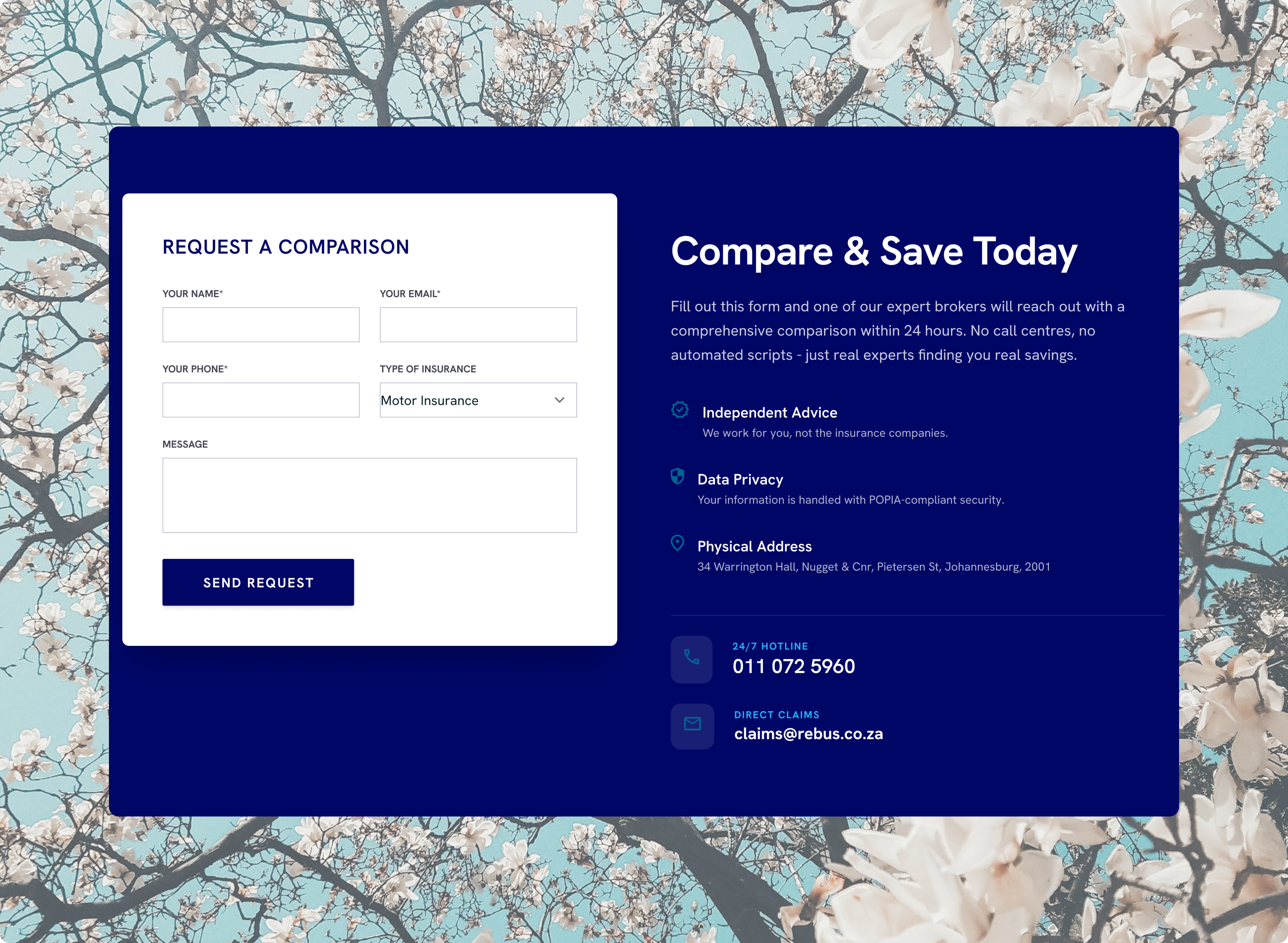 Request a comparison form alongside Compare and Save Today panel